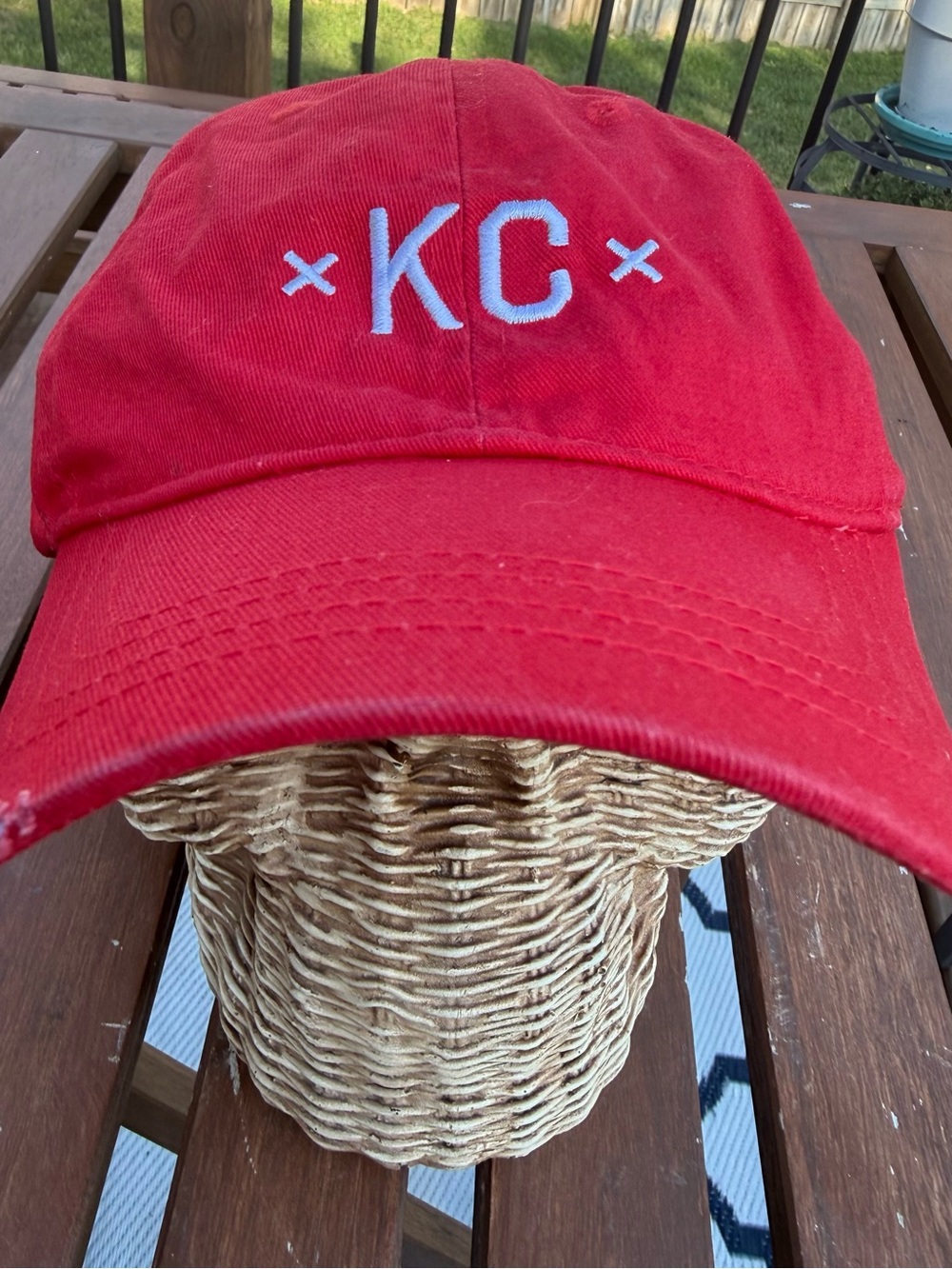 KC Embroidered Red Distressed Hat with adjustable metal closure.